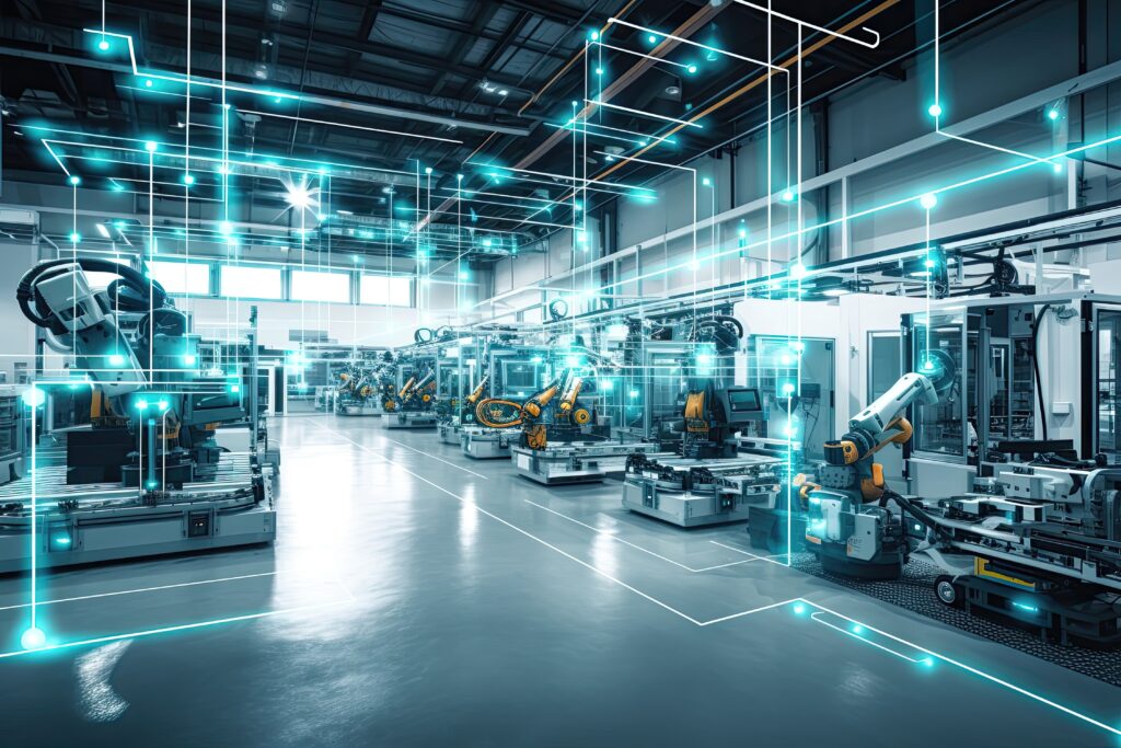 ultra-modern factory that embodies the concept of Industry 4.0, showcasing the integration of advanced technologies to optimize efficiency and predective maintenance